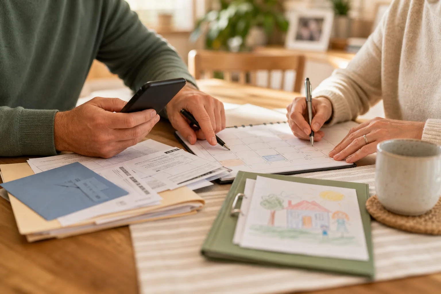Family members coordinating household paperwork, dates, and records together at a table.