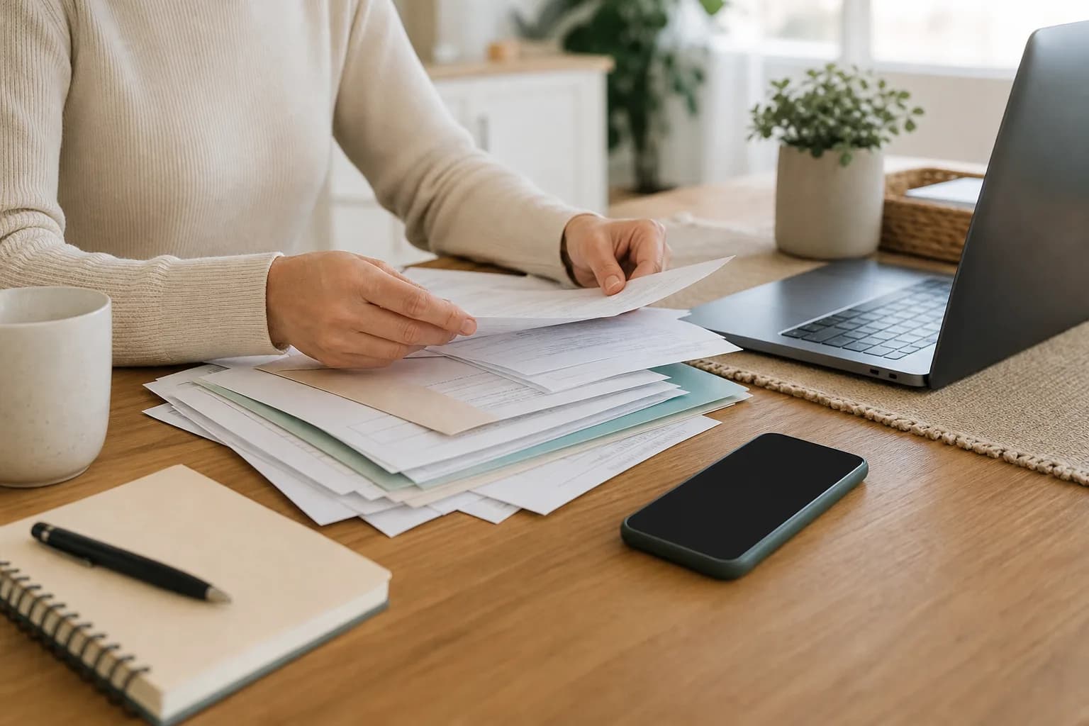 Contracts, repair receipts, warranties, and renewal records arranged as an organized paperwork workflow.