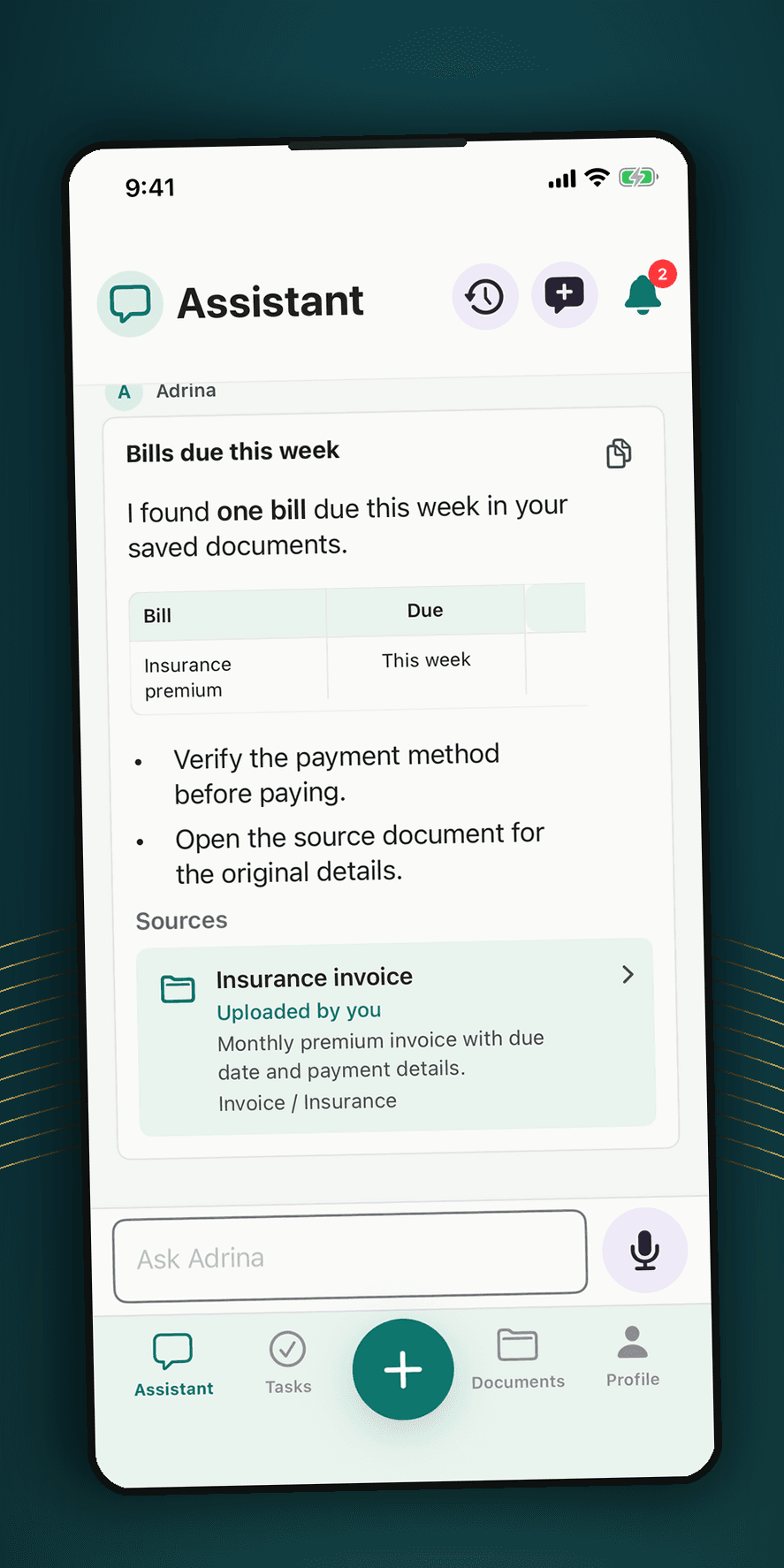 Adrina Assistant showing an insurance bill due this week and the source document used for the answer.
