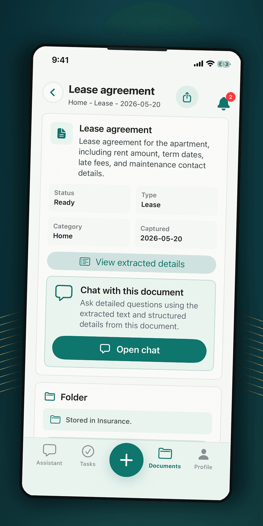 A reviewed lease record in Adrina with extracted details and document chat access.