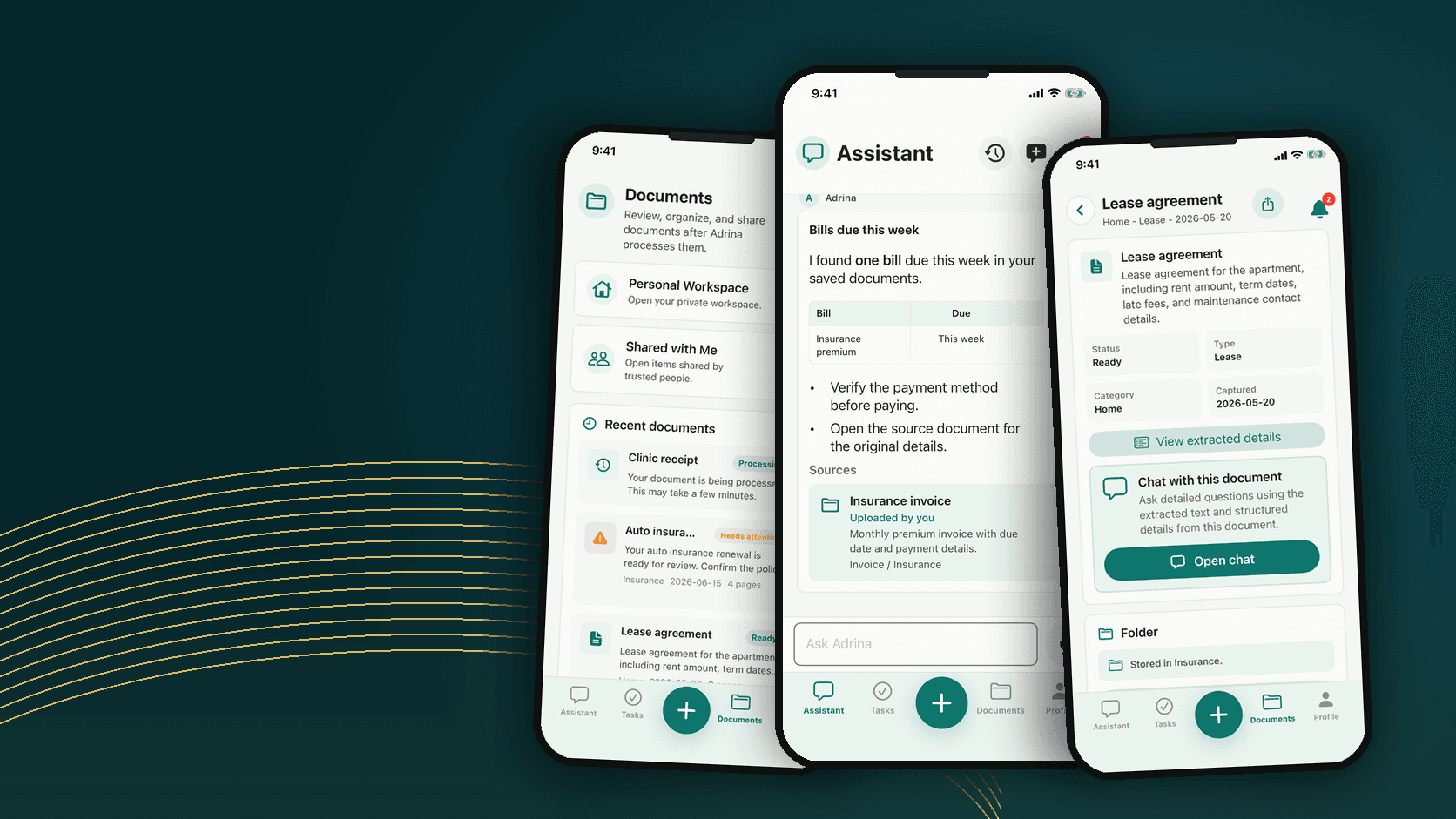 Adrina app screens showing organized documents, an answer with its source card, and a reviewed record.